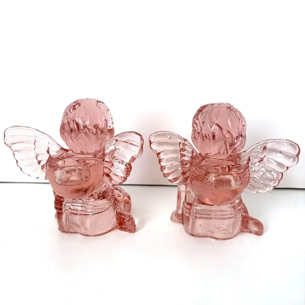 Vintage 1960s Pink Pressed Glass Cherub Angel Candle Holders Set of 2